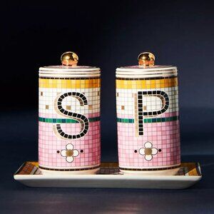 Anthropologie Bistro Tile Salt Pepper Shaker Set Pink Butterfly Tray Mosaic New